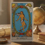 Tarotkaart de wereld staat voor voltooiing maar gelijktijdig ook voor een nieuw begin.