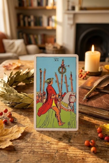 Staven Zes van de tarot, een tarotkaart van overwinning.