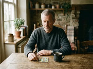 Man aan tafel met tarotkaart de wereld