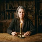 Vrouw met brandende kaars mediterend in alchemistische overwegingen